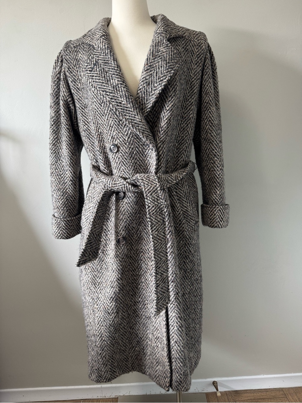 Vintage Castle Island Irish Tweed Canada Gray Herringbone Wool Trench OverCoat